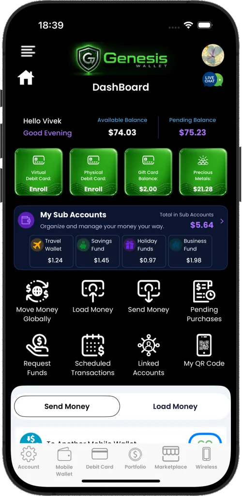 The Genesis Wallet app dashboard on an iPhone: available and pending balances; virtual debit card, physical debit card, gift card and precious metals tiles; sub accounts; and shortcuts to move, load, send and request money.