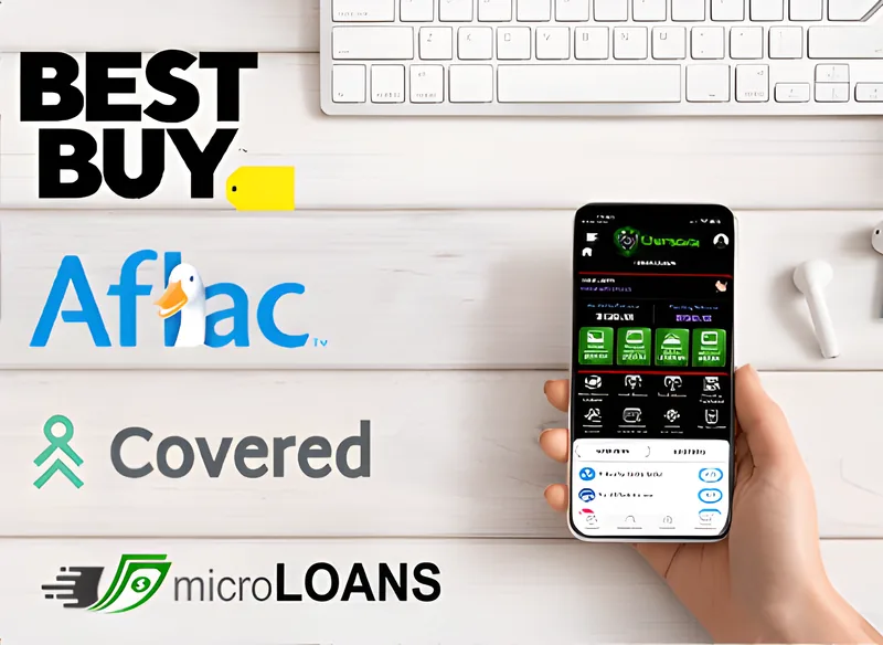 The Best Buy, Aflac, Covered and microLOANS logos beside a hand holding a phone with the Genesis Wallet app open.