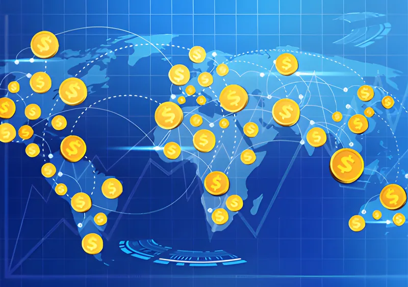A world map dotted with gold coins, showing money moving between countries.